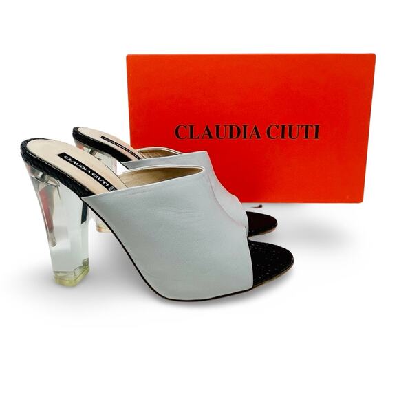 Claudia Ciuti Leather Peep Toe Heels 9.5 Gray Y2K Clear Chunky Mules Italy - Picture 1 of 10